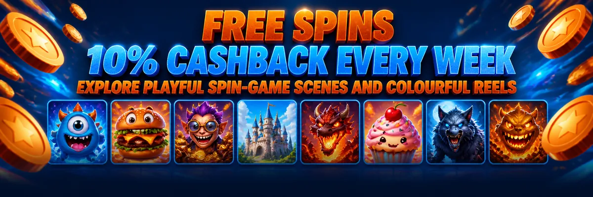 Wide blue and orange casino banner featuring floating coins, cartoon creatures, flames and playful spin-game artwork