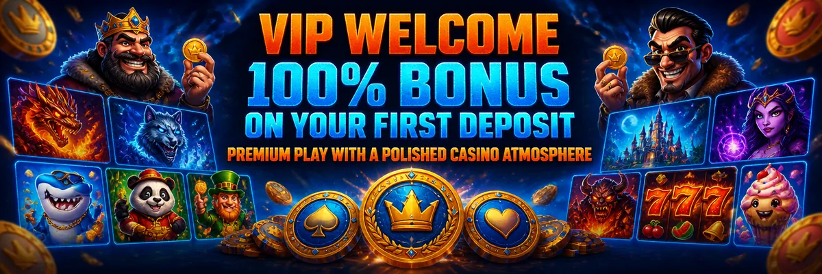 Wide blue and orange VIP casino banner with floating coins, glossy cartoon game tiles and a bold welcome bonus focus